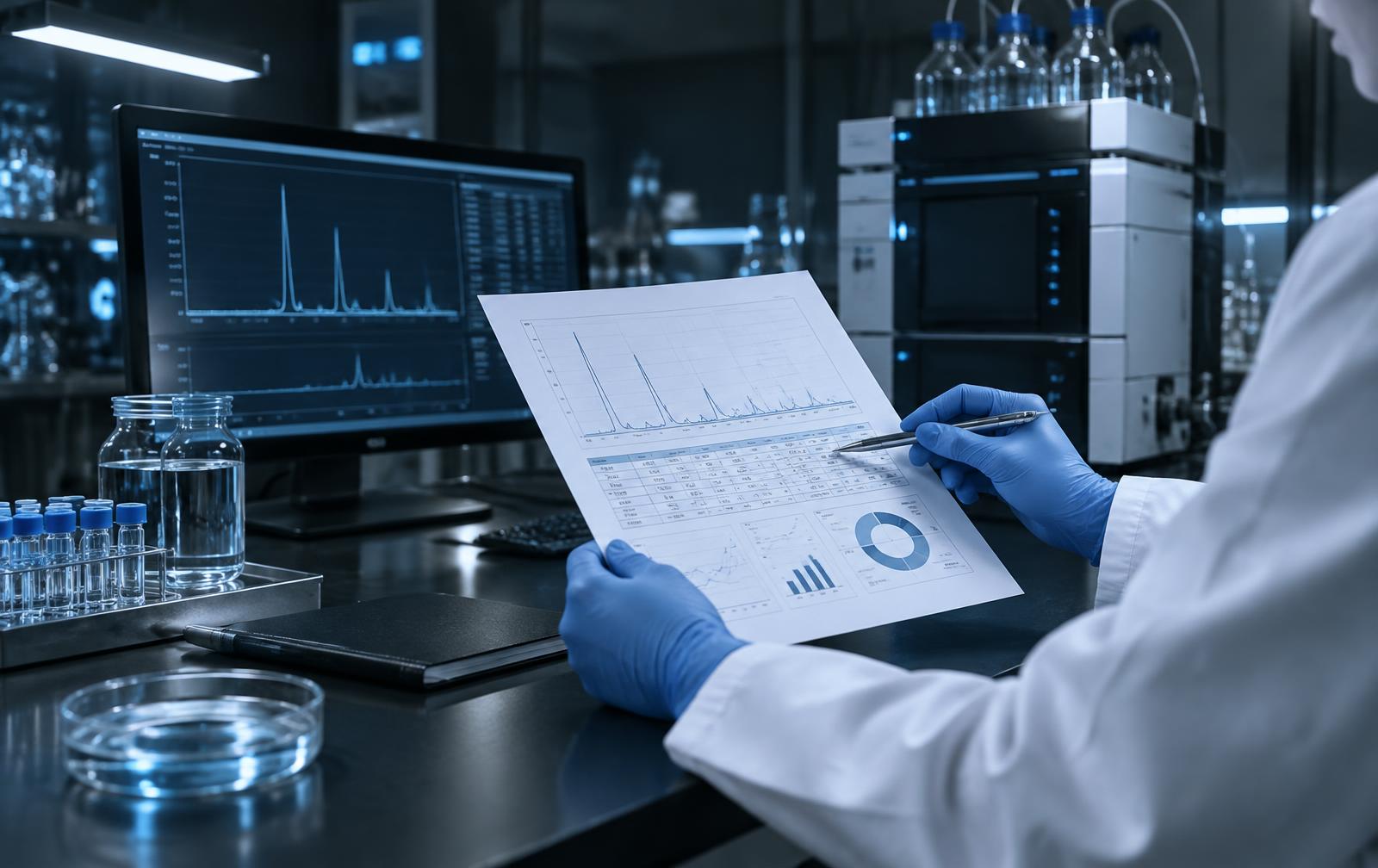 Laboratory scientist reviewing analytical data beside chromatography equipment