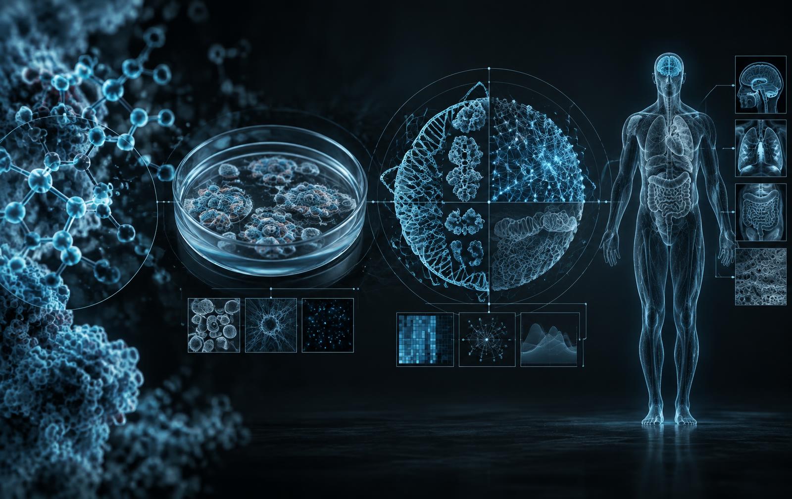 Editorial scientific illustration connecting molecules, cultured cells, an integrated biological system, and a human figure
