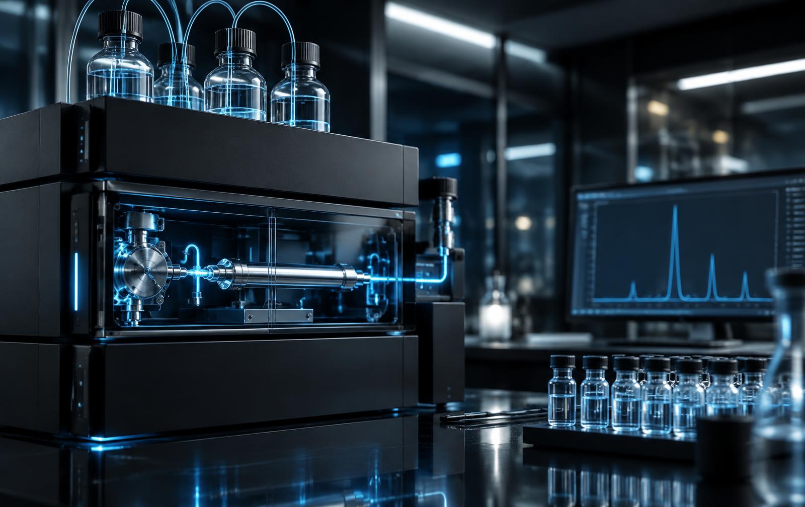 High-performance liquid chromatography instrument with sample vials and chromatogram display