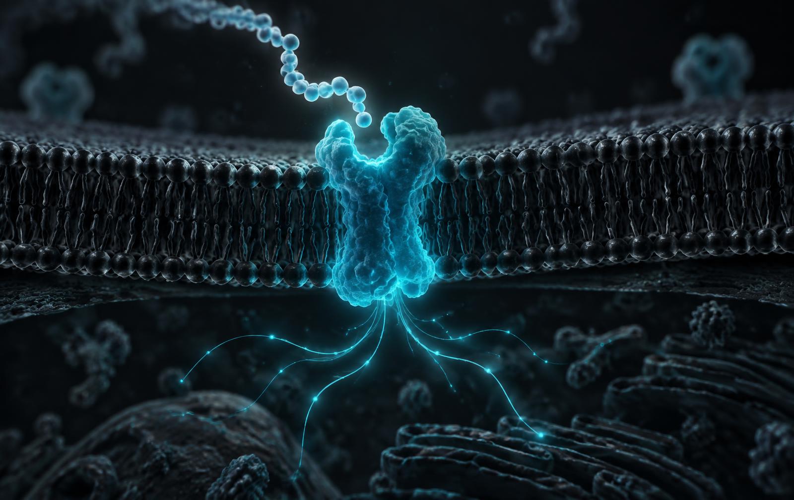 Editorial molecular rendering of a peptide chain approaching a receptor embedded in a cell membrane, with signaling filaments branching into the cell interior