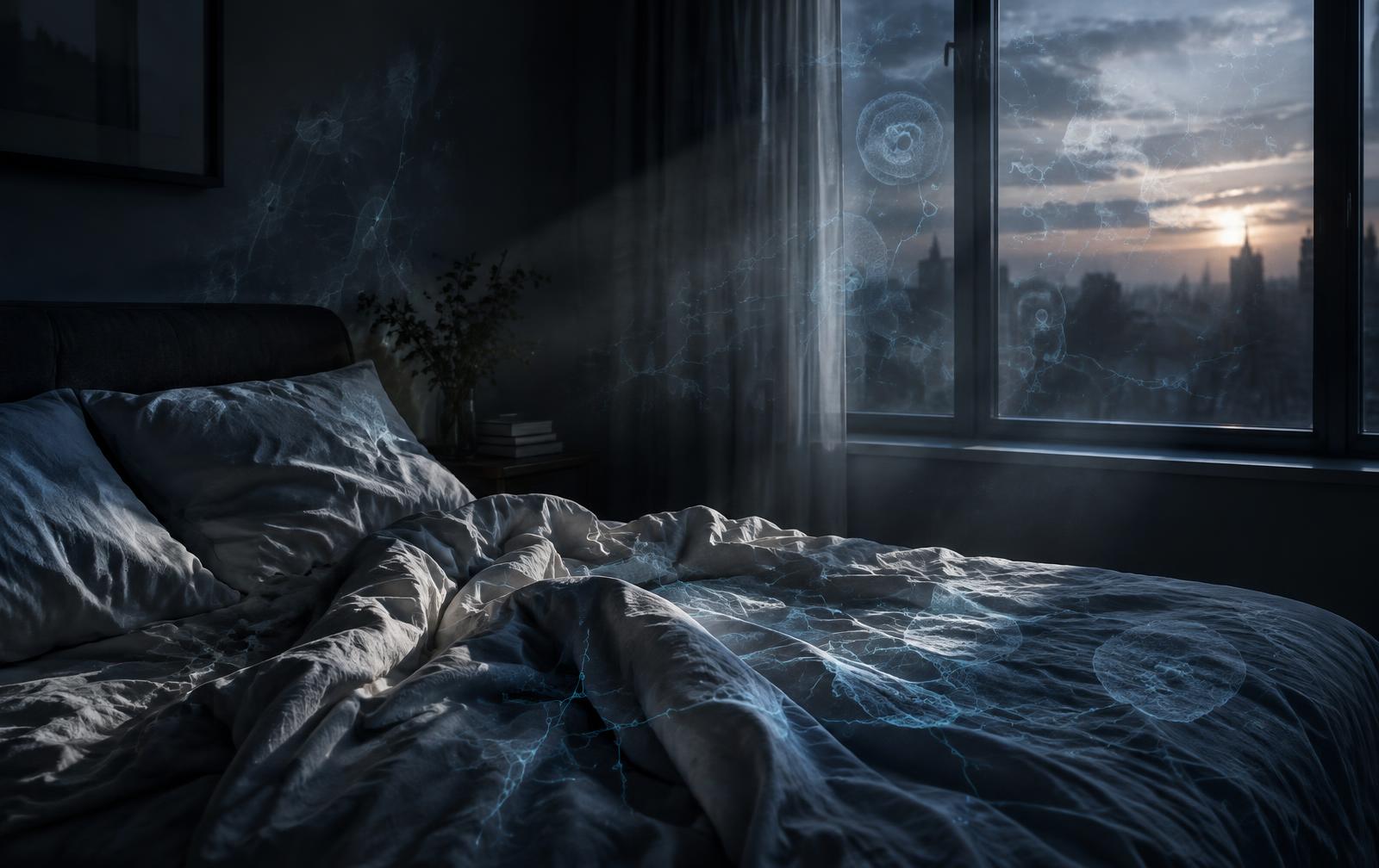 An empty bed in early morning light, with faint cellular and molecular patterns woven into the light falling across the linen
