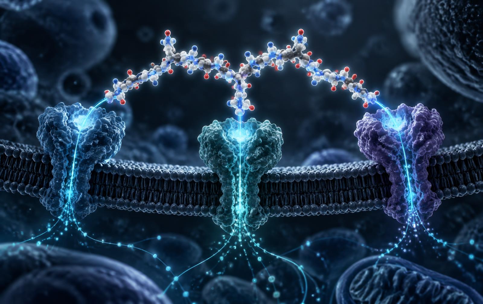 Editorial molecular rendering of a peptide structure interacting with three receptor pathways
