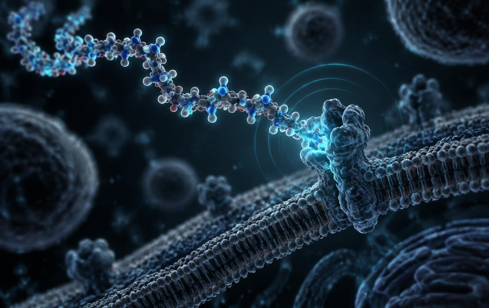 Editorial molecular rendering of a peptide structure interacting with a cell-membrane receptor